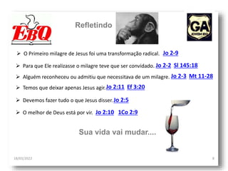 Refletindo
18/03/2022 8
Sl 145:18
Jo 2-2
 Para que Ele realizasse o milagre teve que ser convidado.
 Alguém reconheceu ou admitiu que necessitava de um milagre. Jo 2-3
 Temos que deixar apenas Jesus agir.
Mt 11-28
Jo 2:11 Ef 3:20
 Devemos fazer tudo o que Jesus disser.Jo 2:5
 O Primeiro milagre de Jesus foi uma transformação radical. Jo 2-9
 O melhor de Deus está por vir. Jo 2:10 1Co 2:9
Sua vida vai mudar....
 