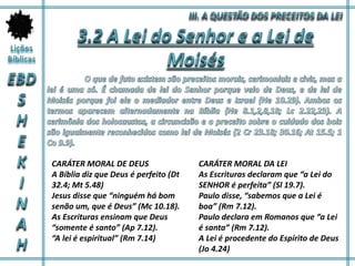 CARÁTER MORAL DE DEUS CARÁTER MORAL DA LEI
A Bíblia diz que Deus é perfeito (Dt
32.4; Mt 5.48)
As Escrituras declaram que “a Lei do
SENHOR é perfeita” (Sl 19.7).
Jesus disse que “ninguém há bom
senão um, que é Deus” (Mc 10.18).
Paulo disse, “sabemos que a Lei é
boa” (Rm 7.12).
As Escrituras ensinam que Deus
“somente é santo” (Ap 7.12).
Paulo declara em Romanos que “a Lei
é santa” (Rm 7.12).
“A lei é espiritual” (Rm 7.14) A Lei é procedente do Espírito de Deus
(Jo 4.24)
 