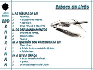 1. Formato.
2. A divisão das tábuas.
3. A rebelião.
4. Deus renova o concerto
1. Origem do termo.
2. Classificação.
3. Forma
1. Uma só lei.
2. A lei do Senhor e a lei de Moisés.
3. A lei de Deus.
1. A transitoriedade da lei.
2. A graça.
3. Os mandamentos de Cristo.
 