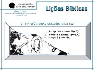 Assembléia de Deus
Ministério Shekinah
1. Para provar a nossa fé (v.3).
2. Produzir a paciência (vv.3,4).
3. Chegar à perfeição.
 