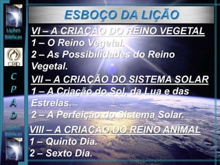 VI – A CRIAÇÃO DO REINO VEGETAL
1 – O Reino Vegetal.
2 – As Possibilidades do Reino
Vegetal.
VII – A CRIAÇÃO DO SISTEMA SOLAR
1 – A Criação do Sol, da Lua e das
Estrelas.
2 – A Perfeição do Sistema Solar.
VIII – A CRIAÇÃO DO REINO ANIMAL
1 – Quinto Dia.
2 – Sexto Dia.
 