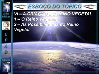 VI – A CRIAÇÃO DO REINO VEGETAL
1 – O Reino Vegetal.
2 – As Possibilidades do Reino
Vegetal.
 