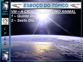 VIII – A CRIAÇÃO DO REINO ANIMAL
1 – Quinto Dia.
2 – Sexto Dia.
 