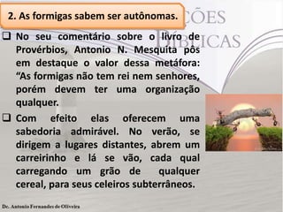 2. As formigas sabem ser autônomas.
 No seu comentário sobre o livro de
Provérbios, Antonio N. Mesquita pôs
em destaque o valor dessa metáfora:
“As formigas não tem rei nem senhores,
porém devem ter uma organização
qualquer.
 Com efeito elas oferecem uma
sabedoria admirável. No verão, se
dirigem a lugares distantes, abrem um
carreirinho e lá se vão, cada qual
carregando um grão de qualquer
cereal, para seus celeiros subterrâneos.
 