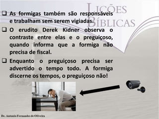 As formigas também são responsáveis
e trabalham sem serem vigiadas.
 O erudito Derek Kidner observa o
contraste entre elas e o preguiçoso,
quando informa que a formiga não
precisa de fiscal.
 Enquanto o preguiçoso precisa ser
advertido o tempo todo. A formiga
discerne os tempos, o preguiçoso não!
 