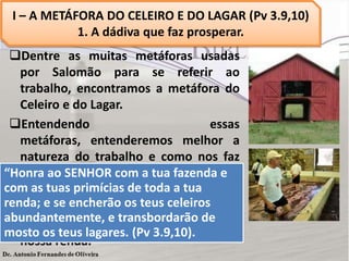 Dentre as muitas metáforas usadas
por Salomão para se referir ao
trabalho, encontramos a metáfora do
Celeiro e do Lagar.
Entendendo essas
metáforas, entenderemos melhor a
natureza do trabalho e como nos faz
prosperar.
Em Provérbios 3.9,10, está escrito que
devemos honrar ao Senhor com
nossas posses e com o melhor de
nossa renda.
“Honra ao SENHOR com a tua fazenda e
com as tuas primícias de toda a tua
renda; e se encherão os teus celeiros
abundantemente, e transbordarão de
mosto os teus lagares. (Pv 3.9,10).
I – A METÁFORA DO CELEIRO E DO LAGAR (Pv 3.9,10)
1. A dádiva que faz prosperar.
 