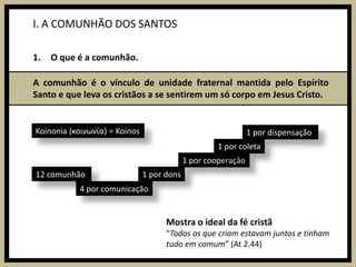 I. A COMUNHÃO DOS SANTOSO que é a comunhão.A comunhão é o vínculo de unidade fraternal mantida pelo Espírito Santo e que leva os cristãos a se sentirem um só corpo em Jesus Cristo. Koinonia (κοινωνία) = Koinos1 por dispensação 1 por coleta1 por cooperação1 por dons12 comunhão 4 por comunicaçãoMostra o ideal da fé cristã“Todos os que criam estavam juntos e tinham tudo em comum” (At 2.44)