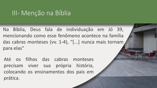 III- Menção na Bíblia
Na Bíblia, Deus fala de individuação em Jó 39,
mencionando como esse fenômeno acontece na família
das cabras monteses (vv. 1-4), “[...] nunca mais tornam
para elas"
Até os filhos das cabras monteses
precisam viver sua própria história,
colocando os ensinamentos dos pais em
prática.
 