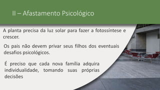 II – Afastamento Psicológico
A planta precisa da luz solar para fazer a fotossíntese e
crescer.
Os pais não devem privar seus filhos dos eventuais
desafios psicológicos.
É preciso que cada nova família adquira
individualidade, tomando suas próprias
decisões
 
