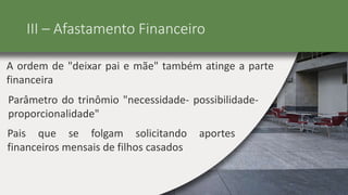 III – Afastamento Financeiro
A ordem de "deixar pai e mãe" também atinge a parte
financeira
Parâmetro do trinômio "necessidade- possibilidade-
proporcionalidade"
Pais que se folgam solicitando aportes
financeiros mensais de filhos casados
 