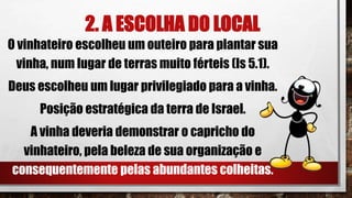 2. A ESCOLHA DO LOCAL
O vinhateiro escolheu um outeiro para plantar sua
vinha, num lugar de terras muito férteis (Is 5.1).
Deus escolheu um lugar privilegiado para a vinha.
Posição estratégica da terra de Israel.
A vinha deveria demonstrar o capricho do
vinhateiro, pela beleza de sua organização e
consequentemente pelas abundantes colheitas.
 