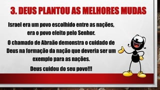 3. DEUS PLANTOU AS MELHORES MUDAS
Israel era um povo escolhido entre as nações,
era o povo eleito pelo Senhor.
O chamado de Abraão demonstra o cuidado de
Deus na formação da nação que deveria ser um
exemplo para as nações.
Deus cuidou do seu povo!!!
 