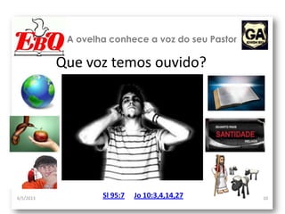 A ovelha conhece a voz do seu Pastor
6/5/2013 10
Que voz temos ouvido?
Sl 95:7 Jo 10:3,4,14,27
 