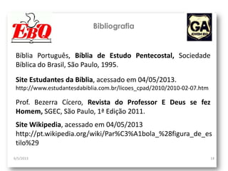 6/5/2013 14
Bibliografia
Prof. Bezerra Cícero, Revista do Professor E Deus se fez
Homem, SGEC, São Paulo, 1ª Edição 2011.
Bíblia Português, Bíblia de Estudo Pentecostal, Sociedade
Bíblica do Brasil, São Paulo, 1995.
Site Estudantes da Bíblia, acessado em 04/05/2013.
http://www.estudantesdabiblia.com.br/licoes_cpad/2010/2010-02-07.htm
Site Wikipedia, acessado em 04/05/2013
http://pt.wikipedia.org/wiki/Par%C3%A1bola_%28figura_de_es
tilo%29
 