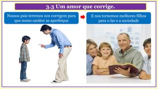 3.3 Um amor que corrige.
Nossos pais terrenos nos corrigem para
que nosso caráter se aperfeiçoa
E nos tornemos melhores filhos
para o lar e a sociedade
 