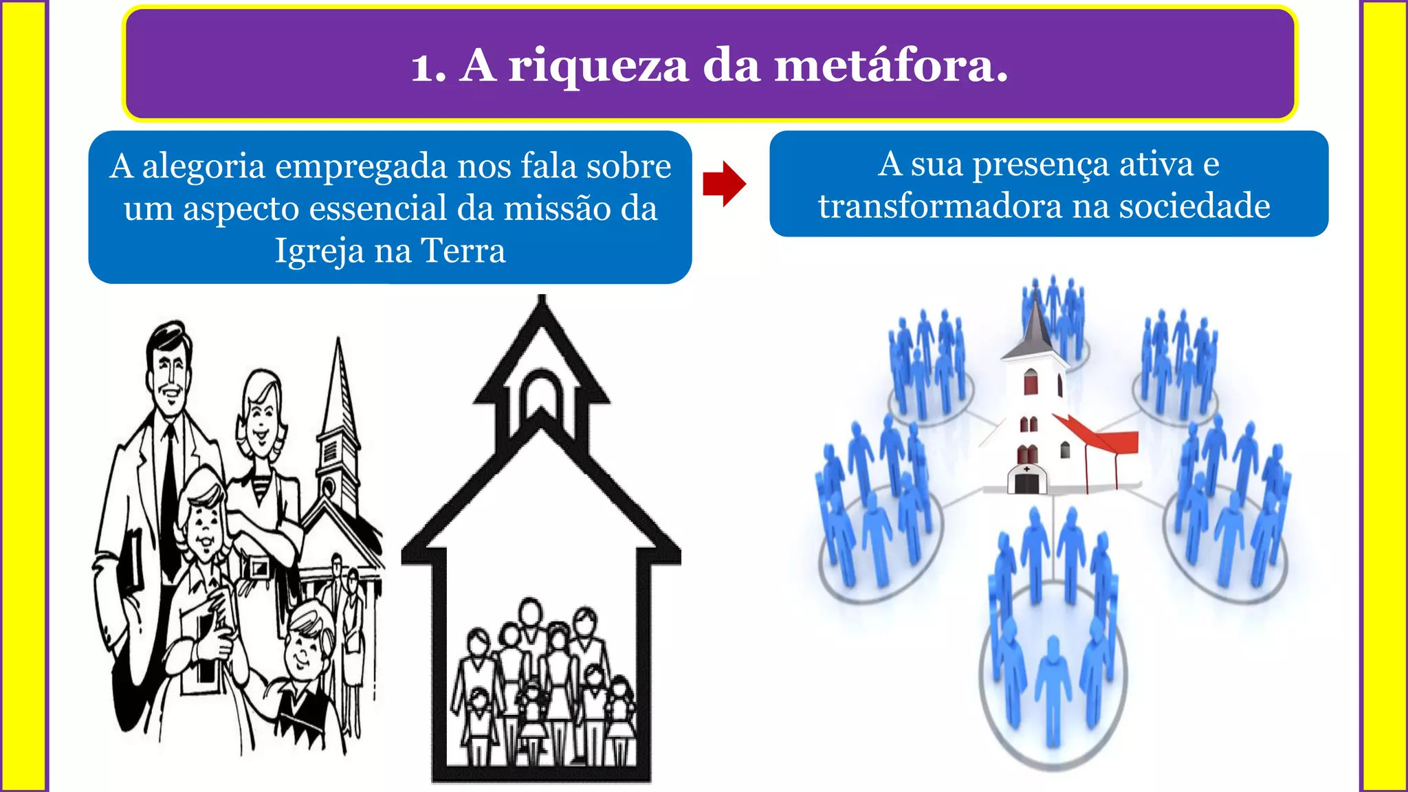1. A riqueza da metáfora.
A sua presença ativa e
transformadora na sociedade
A alegoria empregada nos fala sobre
um aspecto essencial da missão da
Igreja na Terra
 