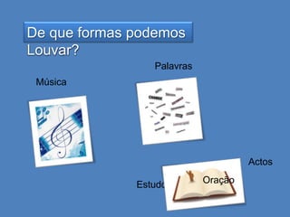 De que formas podemos
Louvar?
Palavras
Música

Actos
Estudo

Oração

 