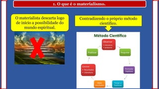 1. O que é o materialismo.
O materialista descarta logo
de início a possibilidade do
mundo espiritual.
Contradizendo o próprio método
científico.
 