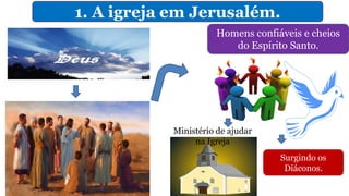 1. A igreja em Jerusalém.
Homens confiáveis e cheios
do Espírito Santo.
Ministério de ajudar
na Igreja
Surgindo os
Diáconos.
 