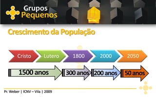 Grupos
          Pequenos
  Crescimento da População

        Cristo          Lutero     1800     2000     2050

         1500 anos               300 anos 200 anos   50 anos

Pr. Weber | ICNV – Vila | 2009
 