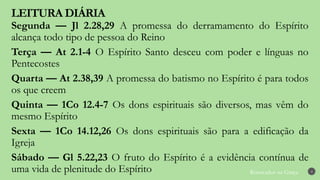 Renovados na Graça
LEITURA DIÁRIA
4
Segunda — Jl 2.28,29 A promessa do derramamento do Espírito
alcança todo tipo de pessoa do Reino
Terça — At 2.1-4 O Espírito Santo desceu com poder e línguas no
Pentecostes
Quarta — At 2.38,39 A promessa do batismo no Espírito é para todos
os que creem
Quinta — 1Co 12.4-7 Os dons espirituais são diversos, mas vêm do
mesmo Espírito
Sexta — 1Co 14.12,26 Os dons espirituais são para a edificação da
Igreja
Sábado — Gl 5.22,23 O fruto do Espírito é a evidência contínua de
uma vida de plenitude do Espírito
 