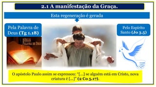 2.1 A manifestação da Graça.
Pela Palavra de
Deus (Tg 1.18)
Esta regeneração é gerada
Pelo Espírito
Santo (Jo 3.5)
O apóstolo Paulo assim se expressou: “[...] se alguém está em Cristo, nova
criatura é [...]” (2 Co 5.17).
 
