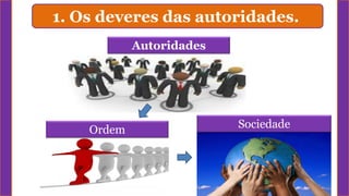 1. Os deveres das autoridades.
Autoridades
Ordem Sociedade
 