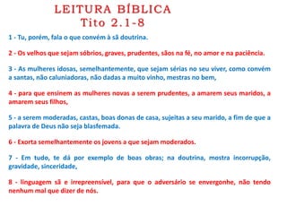 LEITURA BÍBLICA
Tito 2.1-8
1 - Tu, porém, fala o que convém à sã doutrina.
2 - Os velhos que sejam sóbrios, graves, prudentes, sãos na fé, no amor e na paciência.
3 - As mulheres idosas, semelhantemente, que sejam sérias no seu viver, como convém
a santas, não caluniadoras, não dadas a muito vinho, mestras no bem,
4 - para que ensinem as mulheres novas a serem prudentes, a amarem seus maridos, a
amarem seus filhos,
5 - a serem moderadas, castas, boas donas de casa, sujeitas a seu marido, a fim de que a
palavra de Deus não seja blasfemada.
6 - Exorta semelhantemente os jovens a que sejam moderados.
7 - Em tudo, te dá por exemplo de boas obras; na doutrina, mostra incorrupção,
gravidade, sinceridade,
8 - linguagem sã e irrepreensível, para que o adversário se envergonhe, não tendo
nenhum mal que dizer de nós.
 