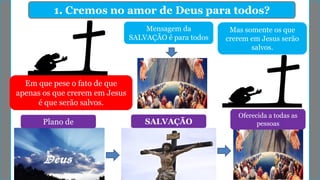 Mas somente os que
crerem em Jesus serão
salvos.
1. Cremos no amor de Deus para todos?
Oferecida a todas as
pessoasPlano de SALVAÇÃO
Em que pese o fato de que
apenas os que crerem em Jesus
é que serão salvos.
Mensagem da
SALVAÇÃO é para todos
 