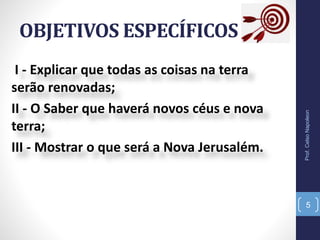 I - Explicar que todas as coisas na terra
serão renovadas;
II - O Saber que haverá novos céus e nova
terra;
III - Mostrar o que será a Nova Jerusalém.
OBJETIVOS ESPECÍFICOS
Prof.CelsoNapoleon
5
 