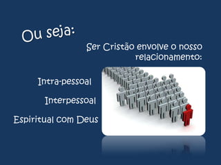 Ser Cristão envolve o nosso
relacionamento:
Intra-pessoal

Interpessoal
Espiritual com Deus

 
