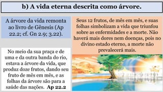 A árvore da vida remonta
ao livro de Gênesis (Ap
22.2; cf. Gn 2.9; 3.22).
No meio da sua praça e de
uma e da outra banda do rio,
estava a árvore da vida, que
produz doze frutos, dando seu
fruto de mês em mês, e as
folhas da árvore são para a
saúde das nações. Ap 22.2
Seus 12 frutos, de mês em mês, e suas
folhas simbolizam a vida que triunfou
sobre as enfermidades e a morte. Não
haverá mais dores nem doenças, pois no
divino estado eterno, a morte não
prevalecerá mais.
b) A vida eterna descrita como árvore.
 