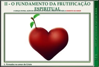 1. Firmados no amor de Cristo
A GRAÇA DIVINA, ALÉM DE DESTRUIR OS PECADOS, ENXERTA EM NÓS A SEMENTE DO AMOR
 