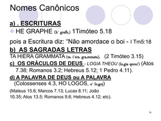 Nomes Canônicos
a) . ESCRITURAS
 HE GRAPHE (h` grafh,) 1Timóteo 5.18
pois a Escritura diz: “Não amordace o boi - I Tm5:18
b) AS SAGRADAS LETRAS
TA HIERA GRAMMATA (ta. i`era. gra,mmata), (2 Timóteo 3.15)
c) OS ORÁCULOS DE DEUS - LOGIA THEOU (lo,gia qeou/) (Atos
7.38; Romanos 3.2; Hebreus 5.12; 1 Pedro 4.11).
d) A PALAVRA DE DEUS ou A PALAVRA
(Colossenses 4.3, HO LOGOS, o` lo,goj)
(Mateus 15.6; Marcos 7.13; Lucas 8.11; João
10.35; Atos 13.5; Romanos 9.6; Hebreus 4.12; etc).
10
 