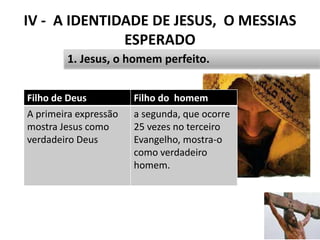 IV - A IDENTIDADE DE JESUS, O MESSIAS
ESPERADO
47
1. Jesus, o homem perfeito.
Filho de Deus Filho do homem
A primeira expressão
mostra Jesus como
verdadeiro Deus
a segunda, que ocorre
25 vezes no terceiro
Evangelho, mostra-o
como verdadeiro
homem.
 