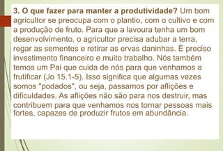 3. O que fazer para manter a produtividade? Um bom
agricultor se preocupa com o plantio, com o cultivo e com
a produção de fruto. Para que a lavoura tenha um bom
desenvolvimento, o agricultor precisa adubar a terra,
regar as sementes e retirar as ervas daninhas. É preciso
investimento financeiro e muito trabalho. Nós também
temos um Pai que cuida de nós para que venhamos a
frutificar (Jo 15.1-5). Isso significa que algumas vezes
somos "podados", ou seja, passamos por aflições e
dificuldades. As aflições não são para nos destruir, mas
contribuem para que venhamos nos tornar pessoas mais
fortes, capazes de produzir frutos em abundância.
 