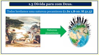 1.3 Dívida para com Deus.
Todos herdamos uma natureza pecaminosa (1 Jo 1.8-10; Sl 51.5)
Natureza
pecaminosa
 