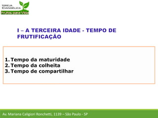 1. Tempo da maturidade
2. Tempo da colheita
3. Tempo de compartilhar
Av. Mariana Caligiori Ronchetti, 1139 – São Paulo - SP
 