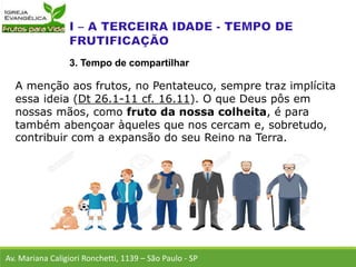 A menção aos frutos, no Pentateuco, sempre traz implícita
essa ideia (Dt 26.1-11 cf. 16.11). O que Deus pôs em
nossas mãos, como fruto da nossa colheita, é para
também abençoar àqueles que nos cercam e, sobretudo,
contribuir com a expansão do seu Reino na Terra.
Av. Mariana Caligiori Ronchetti, 1139 – São Paulo - SP
3. Tempo de compartilhar
 