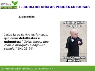 Av. Mariana Caligiori Ronchetti, 1139 – São Paulo - SP
2. Mosquitos
Jesus falou contra os fariseus,
que eram detalhistas e
exigentes: “Guias cegos, que
coais o mosquito e engolis o
camelo!” (Mt 23.24)
 