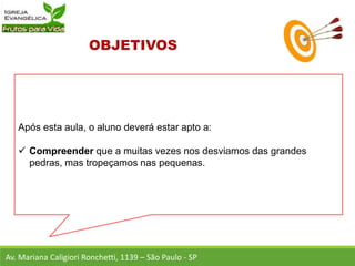 Após esta aula, o aluno deverá estar apto a:
 Compreender que a muitas vezes nos desviamos das grandes
pedras, mas tropeçamos nas pequenas.
Av. Mariana Caligiori Ronchetti, 1139 – São Paulo - SP
 