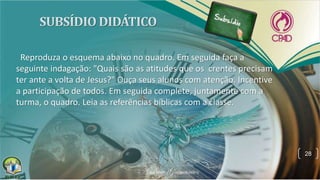 Reproduza o esquema abaixo no quadro. Em seguida faça a
seguinte indagação: "Quais são as atitudes que os crentes precisam
ter ante a volta de Jesus?" Ouça seus alunos com atenção. Incentive
a participação de todos. Em seguida complete, juntamente com a
turma, o quadro. Leia as referências bíblicas com a classe.
28
 