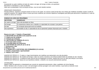 14/10/13

Lição 3 - Trabalho e Prosperidade

Compreender as quatro metáforas da lição (do celeiro e do lagar, da formiga, do leão e do espinheiro)
Reconhecer a importância e o valor do trabalho.
Saber que a prosperidade é fruto da bênção de Deus, mas de muito trabalho também.
ORIENTAÇÃO PEDAGÓGICA
Prezado professor, reproduza o esquema abaixo na lousa ou tire cópias. Ao concluir a lição de hoje faça uma síntese das metáforas estudadas usando o auxílio do
respectivo esquema. Em seguida, afirme à classe que essas metáforas são símbolos lingüísticos empregados pela Bíblia para demonstrar a importância e o valor do
trabalho na vida do ser humano.
ESBOÇO DO LIVRO DOS PROVÉRBIOS
METÁFORA

SIGNIFICADO

Do celeiro e do lagar

Uma vida abundante em Deus.

Da formiga

O compromisso intenso com o trabalho e a capacidade de se poupar o que ganhou.

Do leão

A concepção equivocada acerca do trabalho.

Dos espinheiros

Ociosidade na vida. A capacidade de não se apresentar qualquer disposição para o trabalho.

Resumo da Lição 3 - Trabalho e Prosperidade
I. A METÁFORA DO CELEIRO E DO LAGAR (Pv 3.9,10)
1. A dádiva que faz prosperar.
2. A bênção que enriquece.
II. A METÁFORA DA FORMIGA (Pv 6.6-11)
1. As formigas sabem poupar.
2. As formigas sabem ser autônomas.
III. A METÁFORA DO LEÃO (Pv 22.13; 26.13)
1. Conhecendo o leão.
2. Matando o leão.
IV. O TRABALHO E A METÁFORA DOS ESPINHEIROS (Pv 24.30-34)
1. Trabalho, prosperidade e espiritualidade!
2. Trabalho, ócio e lazer!
SINOPSE
SINOPSE
SINOPSE
SINOPSE

DO TÓPICO (1) - O celeiro e o lagar transbordantes são metáforas que representam uma vida abundante.
DO TÓPICO (2) - Na metáfora da formiga o sábio nos exorta a tomarmos uma atitude prudente diante da realidade da vida: trabalhar.
DO TÓPICO (3) - A metáfora do leão torna-se fruto da imaginação do homem, quando este busca um álibi para reforçar a sua inércia.
DO TÓPICO (4) - Apesar de sua importância material, o trabalho é um assunto extremamente espiritual.

VOCABULÁRIO
Alegoria: Modo de expressão ou interpretação que consiste em representar pensamentos, ideias, qualidades sob forma figurada.
Fábula: Narrativa curta, em prosa ou verso, com personagens animais que agem como seres humanos, e que ilustra um preceito moral.
www.apazdosenhor.org.br/profhenrique/licao3-sdvv-4tr13-trabalhoeprosperidade.htm

8/12

 