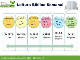 Av. Mariana Caligiori Ronchetti, 1139 – São Paulo - SP
Pv 29.20
Crise
Gn 13.10
Escolha
Gn 14.16
Resgate
Jó 12.13
Conselhos
Sl 1.1-3
Meditar
em Deus
Pv 16.1
Resposta
 