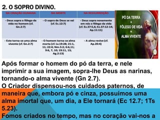 Após formar o homem do pó da terra, e nele
imprimir a sua imagem, sopra-lhe Deus as narinas,
tornando-o alma vivente (Gn 2.7).
O Criador dispensou-nos cuidados paternos, de
maneira que, embora pó e cinza, possuímos uma
alma imortal que, um dia, a Ele tornará (Ec 12.7; 1Ts
5.23).
Fomos criados no tempo, mas no coração vai-nos a
2. O SOPRO DIVINO.
 