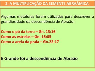 2. A MULTIPLICAÇÃO DA SEMENTE ABRAÂMICA:
Algumas metáforas foram utilizadas para descrever a
grandiosidade da descendência de Abraão:
Como o pó da terra – Gn. 13:16
Como as estrelas – Gn. 15:05
Como a areia da praia – Gn.22:17
E Grande foi a descendência de Abraão
 