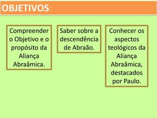 OBJETIVOS:
Compreender
o Objetivo e o
propósito da
Aliança
Abraâmica.
Saber sobre a
descendência
de Abraão.
Conhecer os
aspectos
teológicos da
Aliança
Abraâmica,
destacados
por Paulo.
 