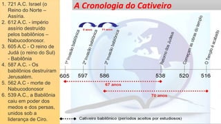 A Cronologia do Cativeiro
1. 721 A.C. Israel (o
Reino do Norte –
Assíria.
2. 612 A.C. - império
assírio destruído
pelos babilônios –
Nabucodonosor.
3. 605 A.C - O reino de
Judá (o reino do Sul)
- Babilônia
4. 587 A.C. - Os
babilônios destruíram
Jerusalém.
5. 562 A.C - morte de
Nabucodonosor
6. 539 A.C., a Babilônia
caiu em poder dos
medos e dos persas,
unidos sob a
liderança de Ciro.
 
