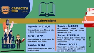 EBD
MW
NEVES
CAPACITA
EBD OFICIAL
Leitura Diária
Fonte:
CPAD
Segunda - Sl 37.18,19
Deus cuida de seus filhos e não
os deixa desamparados.
Terça - Sl 7.9
Deus conhece a sinceridade do
coração dos seus filhos.
Quarta - Is 42.8
O único digno de glória e honra é
o Senhor Deus.
Quinta - Êx 20.3,4
O Senhor impõe como
mandamento não ter outros
deuses além dEle.
Sexta - Sl 145.14-18
Deus é aquEle que sustenta seus
filhos, mesmo em tempo de
dificuldades.
Sábado - 1 Co 8.6
Quem serve a Deus de coração
compreende que há um só Deus e
que tudo pertence a Ele.
 