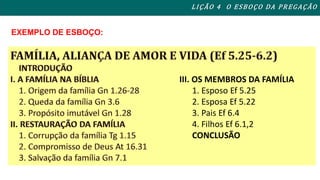 L I ÇÃO 4 O ESBOÇO DA PREGAÇÃO 
EXEMPLO DE ESBOÇO: 
III. OS MEMBROS DA FAMÍLIA 
1. Esposo Ef 5.25 
2. Esposa Ef 5.22 
3. Pais Ef 6.4 
4. Filhos Ef 6.1,2 
CONCLUSÃO 
 